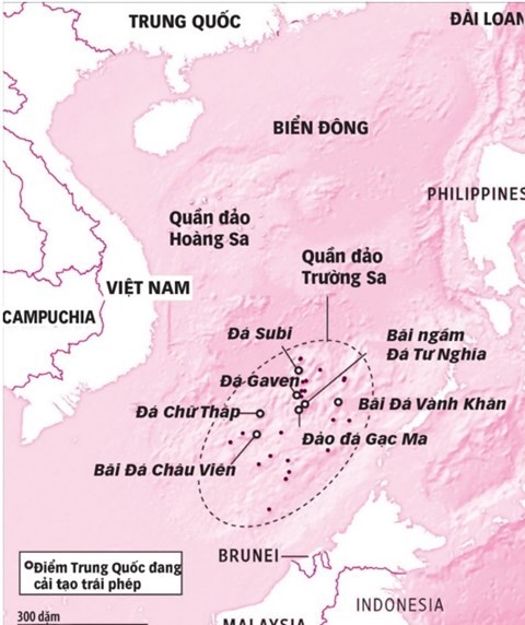 Vị trí các bãi đá Gaven, Chữ Thập, Vành Khăn thuộc quần đảo Trường Sa của Việt Nam trên Biển Đông (ảnh nguồn: Tuổi trẻ Online)