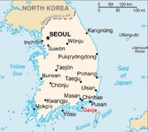 Vị trí đảo Geoje (chữ màu đỏ) của Hàn Quốc