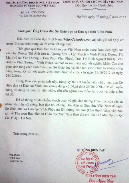 Công văn Báo Giáo dục Việt Nam gửi Sở GD&ĐT Vĩnh Phúc.