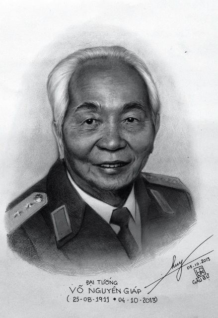 Đây là bức chân dung được Quốc Huy ký họa bằng bút chì về Đại tướng Võ Nguyên Giáp.