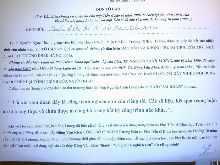 Đơn tố cáo ông Thành gửi tới báo Giáo dục Việt Nam.