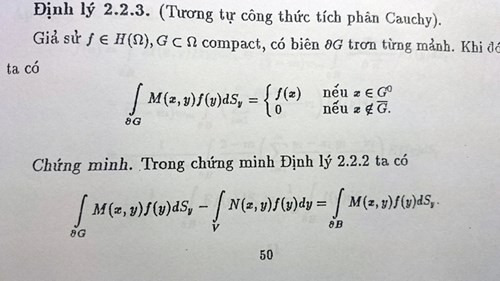 Ảnh chụp trang trang 50 luận án của PGS. Nguyễn Cảnh Lương có nêu Định lý 2.2.3 (Tương tự công thức tích phân Cauchy)