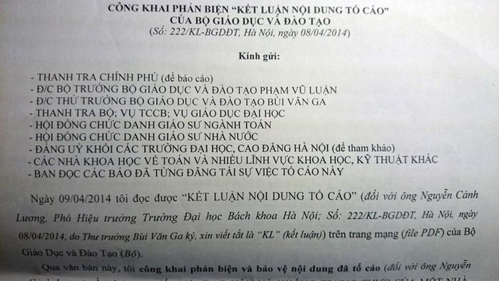Đơn phản biện lại bản Kết luận nội dung tố cáo được ông Nguyễn Ngọc Thành gửi tới các cơ quan chức năng.