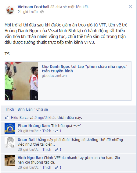Những bình luận phẫn nộ về hành vi thiếu văn hóa của cầu thủ trẻ Danh Ngọc trên trang facebook Vietnam Football