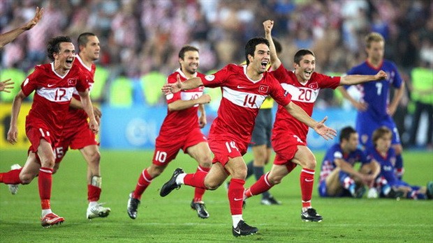 Các cầu thủ Thổ Nhĩ Kỳ ăn mừng sau khi vượt qua Croatia ở tứ kết trên chấm 11m