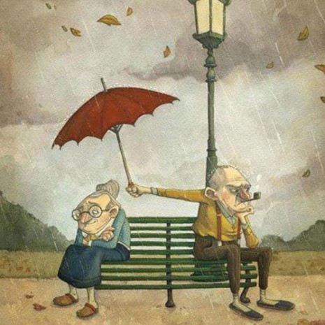Bức tranh minh họa khoảnh khắc đáng yêu của cặp vợ chồng già khi người chồng giơ ô che mưa cho bà xã dù họ đang giận nhau. Bức ảnh nhận được 7.378 lượt like của các thành viên mạng facebook.