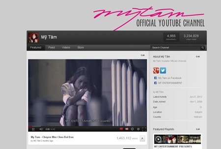 Kênh YouTube riêng của ca sĩ Mỹ Tâm với tên "Mỹ Tâm Official YouTube Channel".
