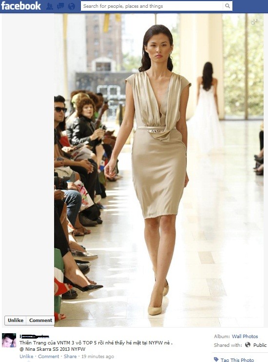 Tuy nhiên, mới đây, một facebooker đã cho đăng tải bức hình được cho là thí sinh Thiên Trang sải bước trên sàn catwalk tuần lễ thời trang New York 2013 trong khi chương trình Vietnam’s Next Top Model mới đi được đến tập thứ 3. Xem chi tiết.(Theo giaoduc.net)