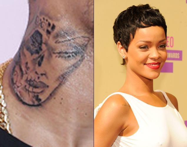Hình ảnh ngoài đời của Rihanna và hình xăm trên cổ Chris Brown.