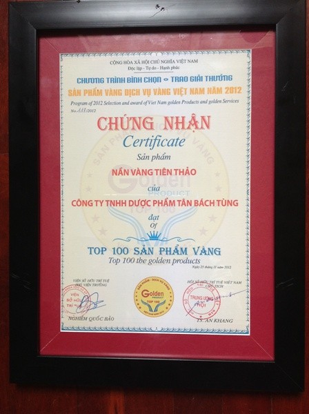 Sản phẩm Nần vàng Tiên thảo của Công ty TNHH Dược phẩm Tân Bách Tùng được bình chọn top 100 sản phẩm vàng.