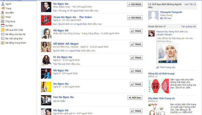 Hơn 12 trang Facebook có tên và hình ảnh đại diện của Hồ Ngọc Hà.