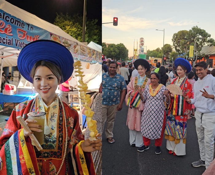 Cô Emma Vũ Hoàng Anh mặc cổ phục Việt đi chợ Tết của người Việt tại Úc. (Ảnh: NVCC)
