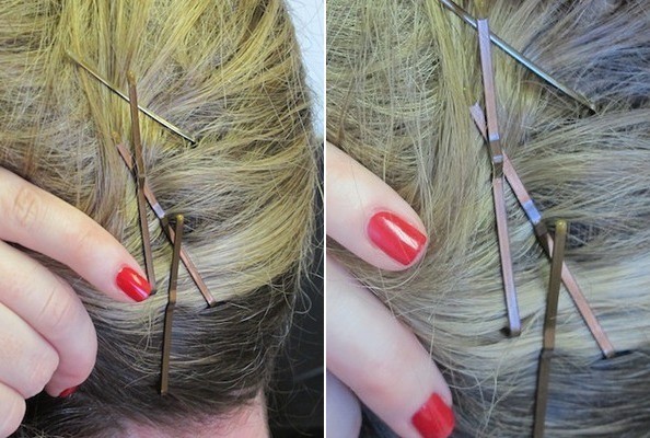 Bước 5: Dùng ghim nhỏ kẹp lại phần tóc bạn vừa hất lệch sang một bên.
