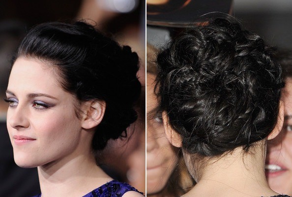 Kristen Stewart có mái tóc đen nhánh tự nhiên và chúng trở nên bắt mắt hơn rất nhiều với kiểu búi này.