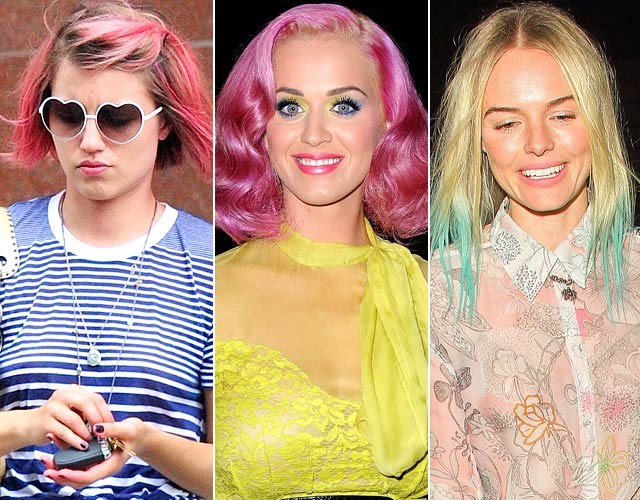 Nhuộm tóc kiểu "bảy sắc cầu vồng" là xu hướng các sao yêu thích để phá cách một chút hình ảnh vốn quen thuộc với khán giả của mình, Dianna Agron, Katy Perry và Kate Bosworth (từ trái qua phải) đều gây ấn tượng mạnh với mái tóc nhuộm màu nổi bật.