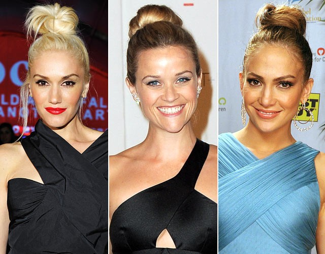 Tóc búi đỉnh đầu khiến các ngôi sao tìm về với vẻ đẹp cổ điển và tinh tế, trên ảnh là dàn sao Hollywood: Gwen Stefani, Reese Witherspoon và Jennifer Lopez.