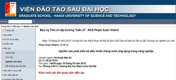 Thông báo trên wesite của trường ĐH Bách Khoa, ngày 16/2/2012, NCS Phạm Xuân Khánh bảo vệ tiến sĩ