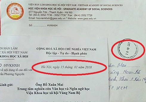 Bì thư trả lời Tiến sĩ Hồ Xuân Mai liên quan đến đơn tố cáo được đóng dấu ngày 26/12/2017 nhưng Thông báo Kết luận vụ việc được đề ngày 15/01/2018. (Ảnh: Đ.Q)