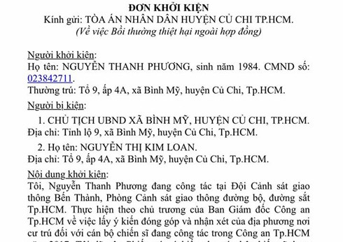 Đơn khởi kiện của Thượng úy Nguyễn Thanh Phương. (Ảnh: H.L)