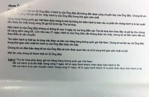 Thông báo của Vietnam Airlines khi hành khách bị mất hành lý. (Ảnh: H.L)