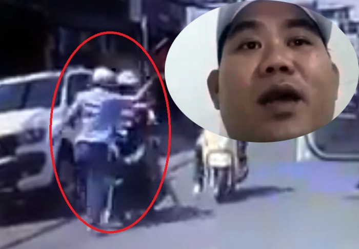 Khoảnh khắc người phụ nữ chở theo con nhỏ bị tát và ông Nguyễn Thanh Tuấn. (Ảnh chụp màn hình từ clip)