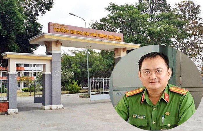 Trường Trung học phổ thông Thủ Thừa và Trung tá Nguyễn Chí Nguyên (ảnh nhỏ). (Ảnh: Đ.H)