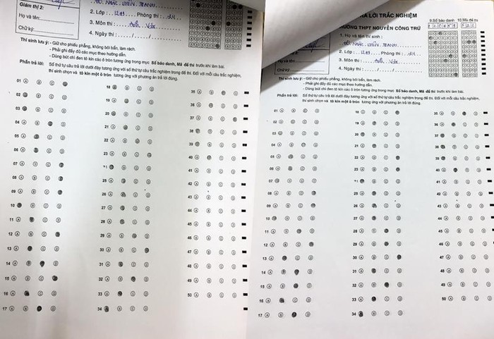 Bài thi của học sinh trước và sau khi được chỉnh sửa (từ trái qua). (Ảnh: H.L)