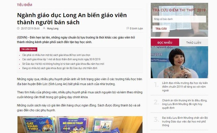 Bài viết “Ngành giáo dục Long An biến giáo viên thành người bán sách” đăng tải trên Báo Điện tử Giáo dục Việt Nam. (Ảnh: H.L)