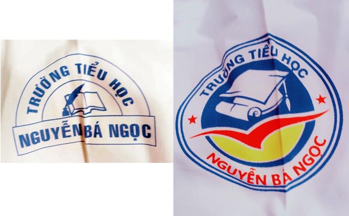 Logo cũ (bên trái) và logo mới (bên phải) trên bộ đồng phục của học sinh. (Ảnh: M.A)