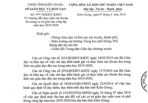 Công văn chấn chỉnh việc lạm thu của Sở Giáo dục và Đào tạo tỉnh Kiên Giang. (Ảnh: H.L)