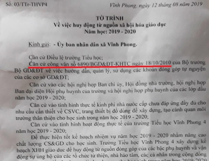 Hiệu trưởng Trường Tiểu học Vĩnh Phong 4 nói văn bản này chỉ sai về mặt thể thức. (Ảnh: H.L)