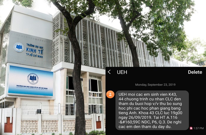 Trường Đại học Kinh tế thành phố Hồ Chí Minh và tin nhắn thu bổ sung học phí sinh viên lớp Chất lượng cao. (Ảnh: H.L)