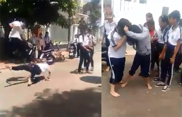 Học sinh trường Nguyễn Bỉnh Khiêm đánh nhau. (Ảnh: H.L)