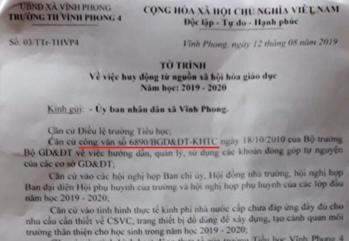 Tờ trình của trường Tiểu học Vĩnh Phong 4 có xác nhận của Ủy ban nhân dân xã Vĩnh Phong. (Ảnh: H.L)