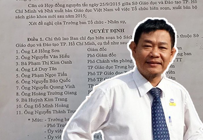 Luật sư Hồ Nguyên Lễ (ảnh nhỏ) và Quyết định 778 năm 2015 của Nhà Xuất bản Giáo dục Việt Nam. (Ảnh: H.L)
