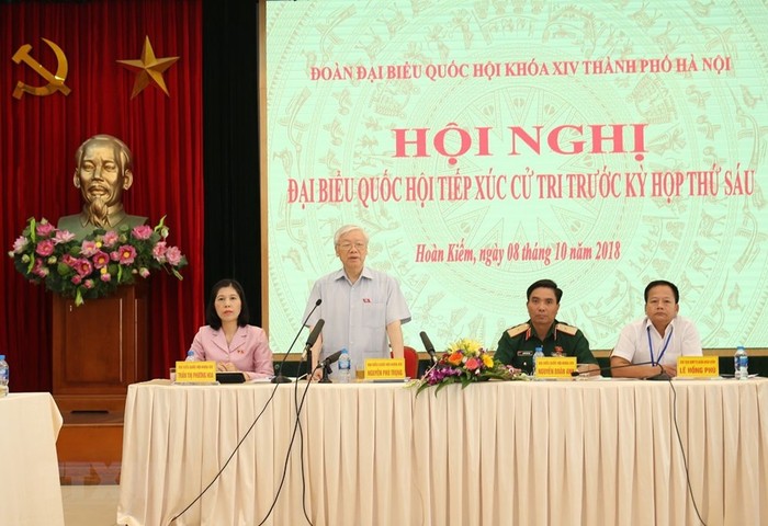 Tổng Bí thư Nguyễn Phú Trọng phát biểu tại buổi tiếp xúc cử tri quận Ba Đình và quận Hoàn Kiếm. (Ảnh: Trí Dũng/TTXVN)