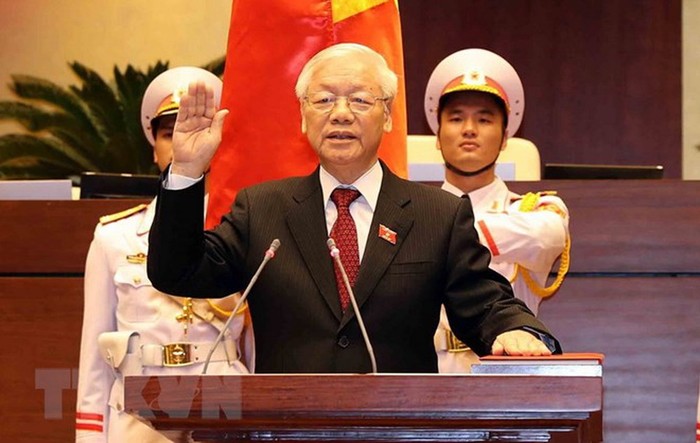 Chủ tịch nước Nguyễn Phú Trọng tuyên thệ. Ảnh: TTXVN.