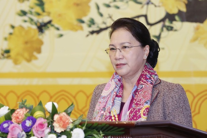 Chủ tịch Quốc hội Nguyễn Thị Kim Ngân phát biểu tại buổi gặp mặt. Ảnh: Q.P
