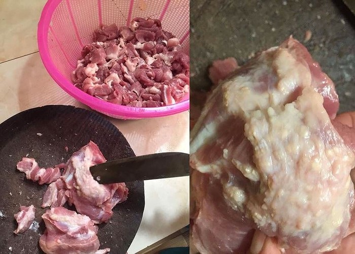 Hình ảnh thịt lợn nghi nhiễm sán gạo được chế biến cho học sinh trường mầm non Thanh Khương ăn. Ảnh: NVCC.
