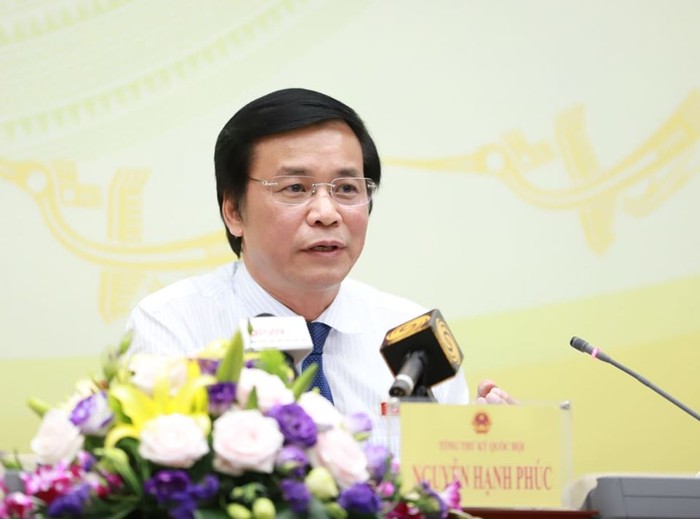 Tổng Thư ký Quốc hội Nguyễn Hạnh Phúc chủ trì họp báo. Ảnh: Ngọc Thắng