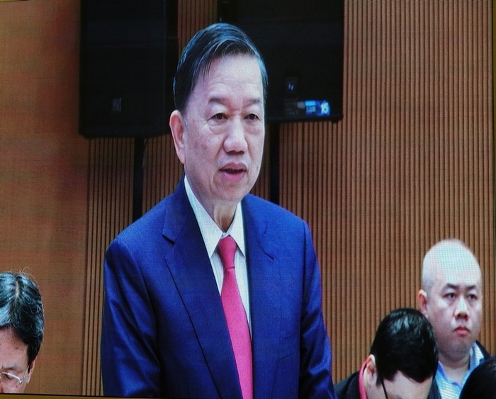 Bộ trưởng Tô Lâm phát biểu tại hội nghị. Ảnh chụp màn hình.