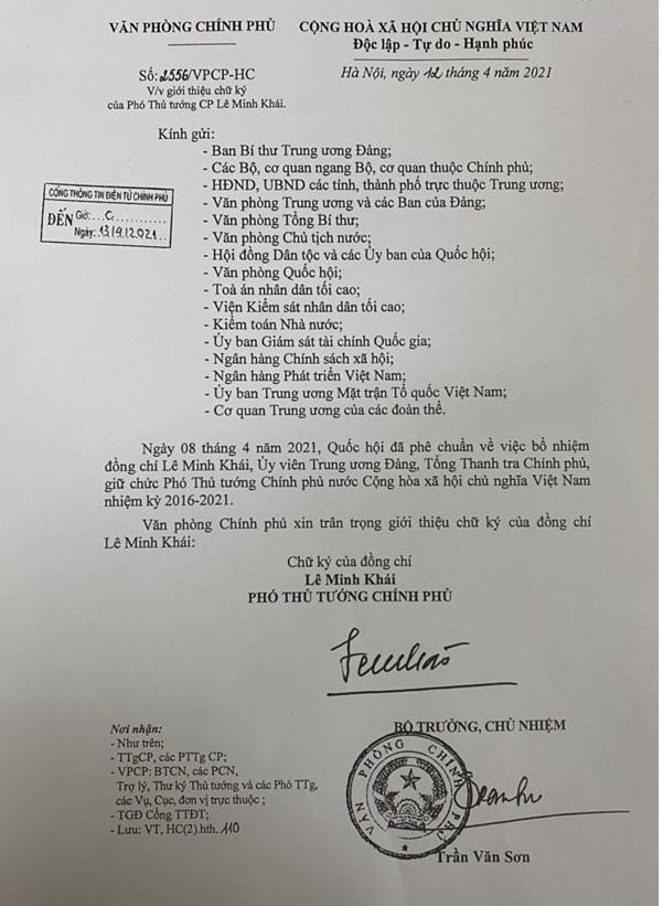 Văn bản giới thiệu chữ ký của Phó Thủ tướng Chính phủ Lê Minh Khái.