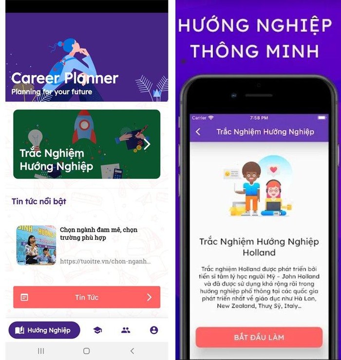 Giao diện ứng dụng “Career Planner – Planning for your future” do nhóm nghiên cứu gồm Trần Linh Chi và Hoàng Sơn Tùng thực hiện.