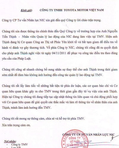 Công văn công ty NIC đã gửi cho TMV để xác thực thông tin về Nguyễn Tiến Thịnh
