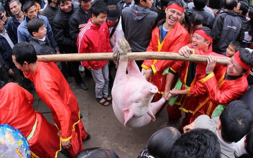 Để tổ chức thành công lễ hội chạy lợn là nhờ sự đóng góp của nhiều người dân.