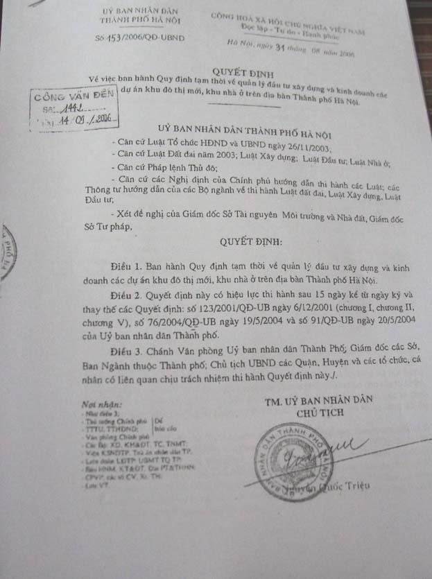 Quyết định 153/2006 của TP Hà Nội,