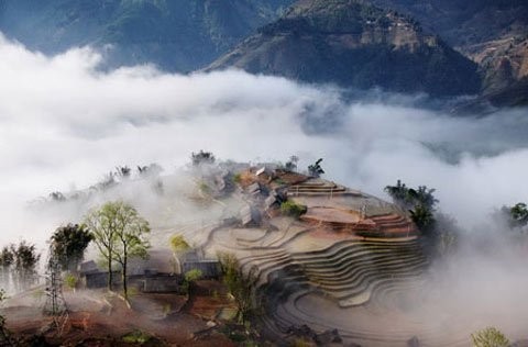 Ruộng bậc thang trong mây khói. Trong ảnh: Mây khói hòa quyện cùng núi rừng và ruộng bậc thang, cảnh chỉ có ở Việt Nam.