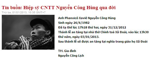 Dòng tin buồn đăng trên trang cá nhân của Nguyễn Công Hùng.