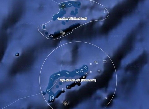 Trực thăng hải quân Trung Quốc đã có mặt ở vùng biển gần một rạn san hô ở cụm đảo Sinh Tồn, thuộc quần đảo Trường Sa của Việt Nam, vào hôm 4/3. Ảnh: Wikimapia