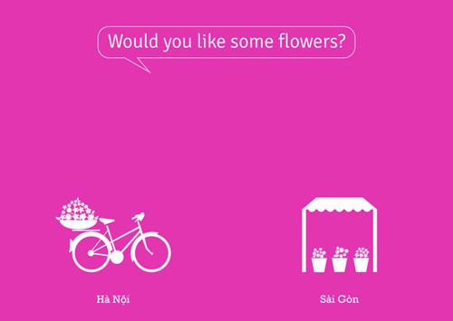 Ở Hà Nội có nhiều gánh hàng hoa, xe đạp chở hoa bán rong. Sài Gòn dường như không có hình ảnh này. Người Sài Gòn thường mua trong các tiệm hoa tươi